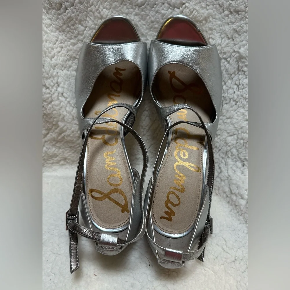 Sam Edelman Sam “Elizabeth”  Silver Strappy Pump 4” Stiletto Heels Size 9.5M